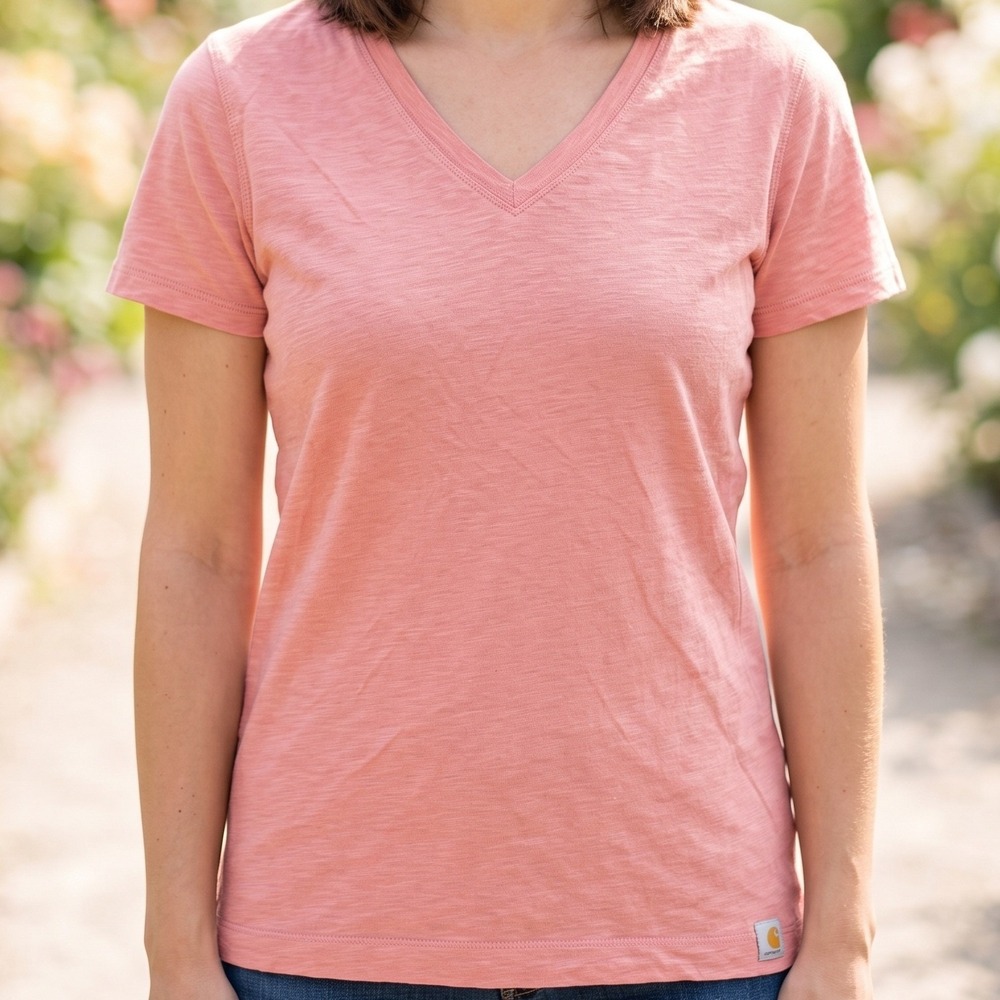 Carhartt Relaxed Fit V-Neck Short Sleeve Tee Muted Pink Rose Slub Knit Logo